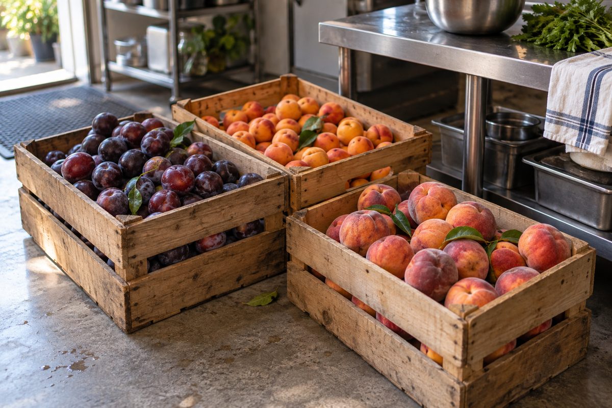 Wooden crates of plums, apricots and peaches waiting to be sorted