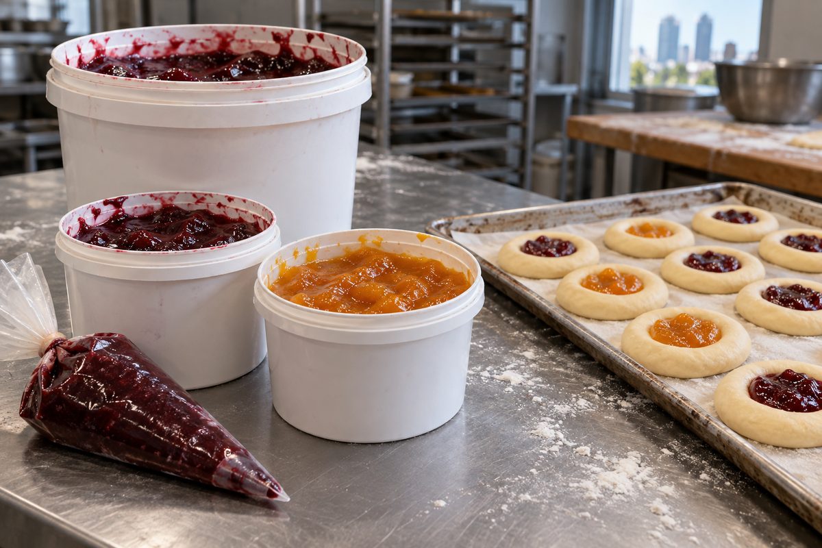 Tubs and a pail of plum and apricot filling next to unbaked kolache dough