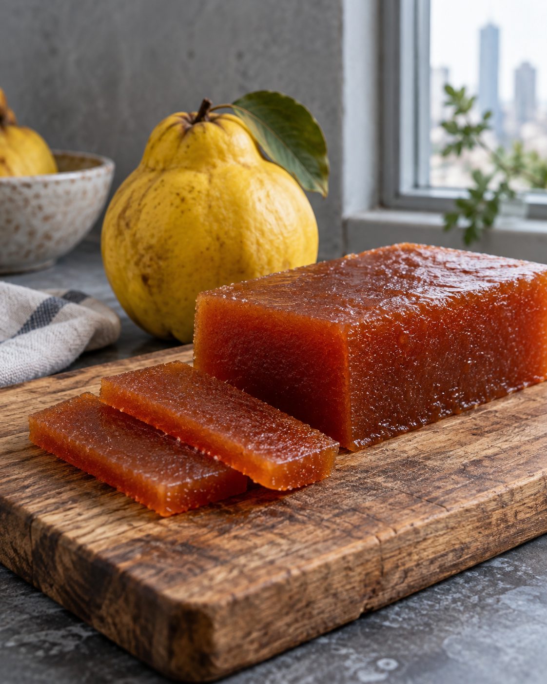 Block of amber quince paste with two clean slices cut on a board