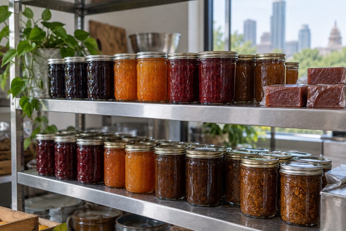 Steel shelf lined with jars of lekvar, jams and fruit butters