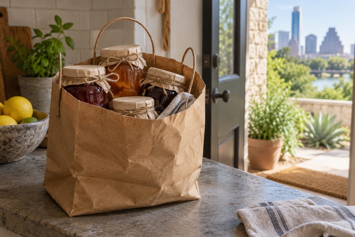Paper bag of wrapped jars ready for pickup on the counter