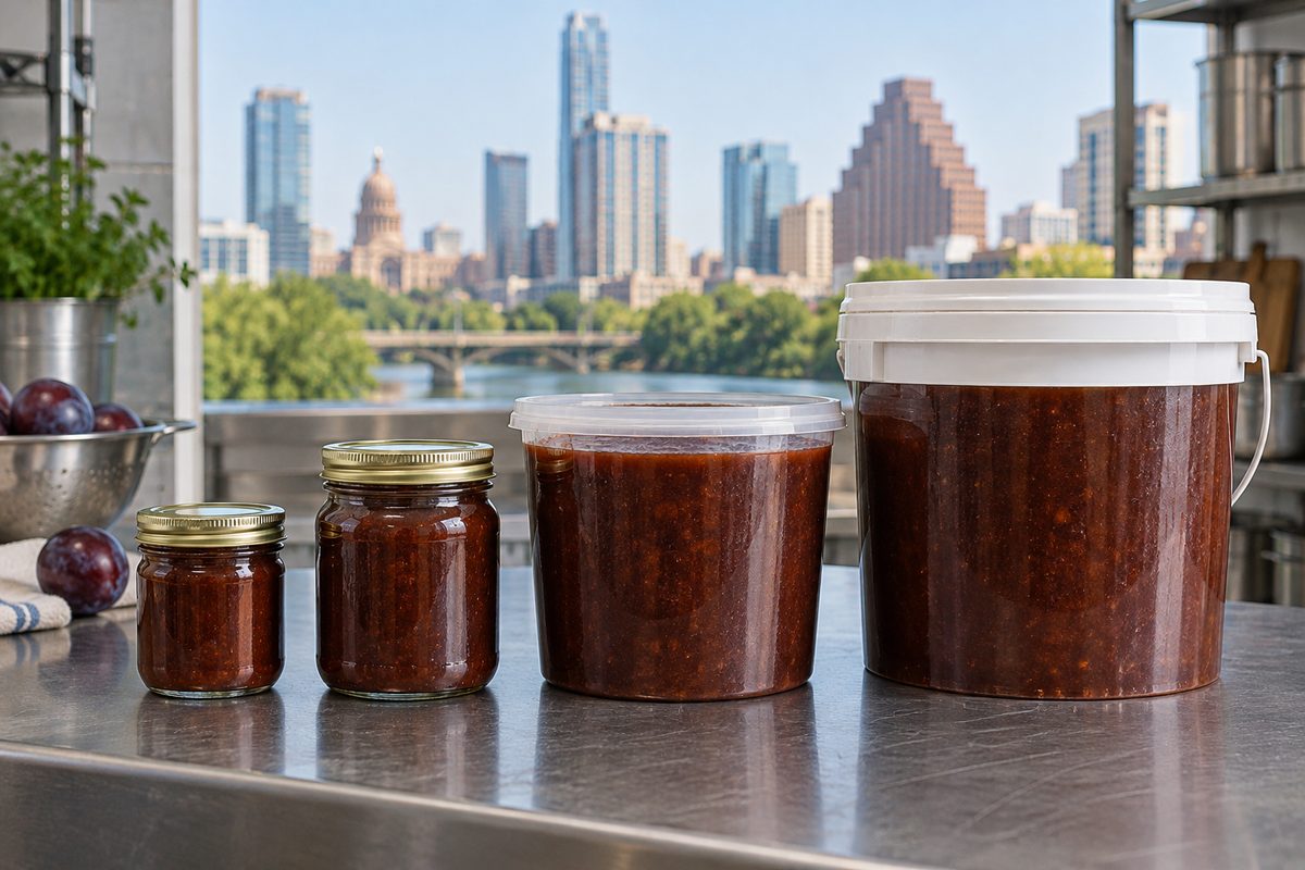 Four sizes side by side: 8 oz jar, 16 oz jar, 2 lb tub and 5 lb pail