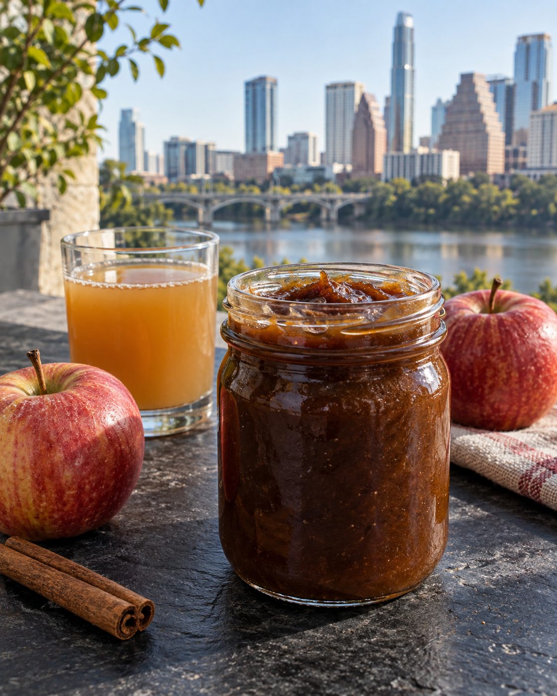 Jar of dark cider apple butter with a glass of cider and red apples