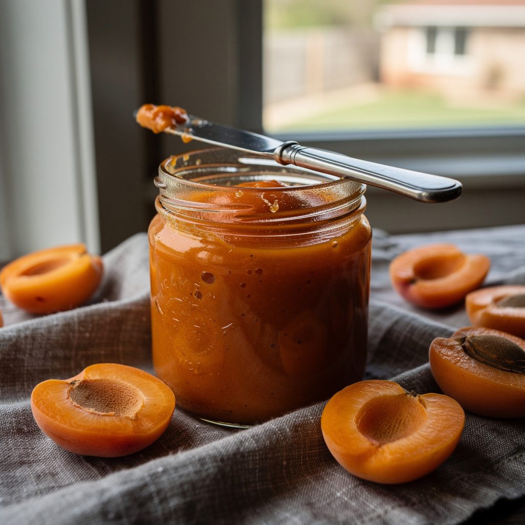 Jar of thick apricot lekvar with fresh and dried apricots