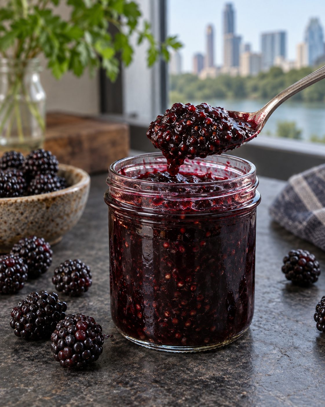 Jar of thick seeded blackberry jam with fresh blackberries