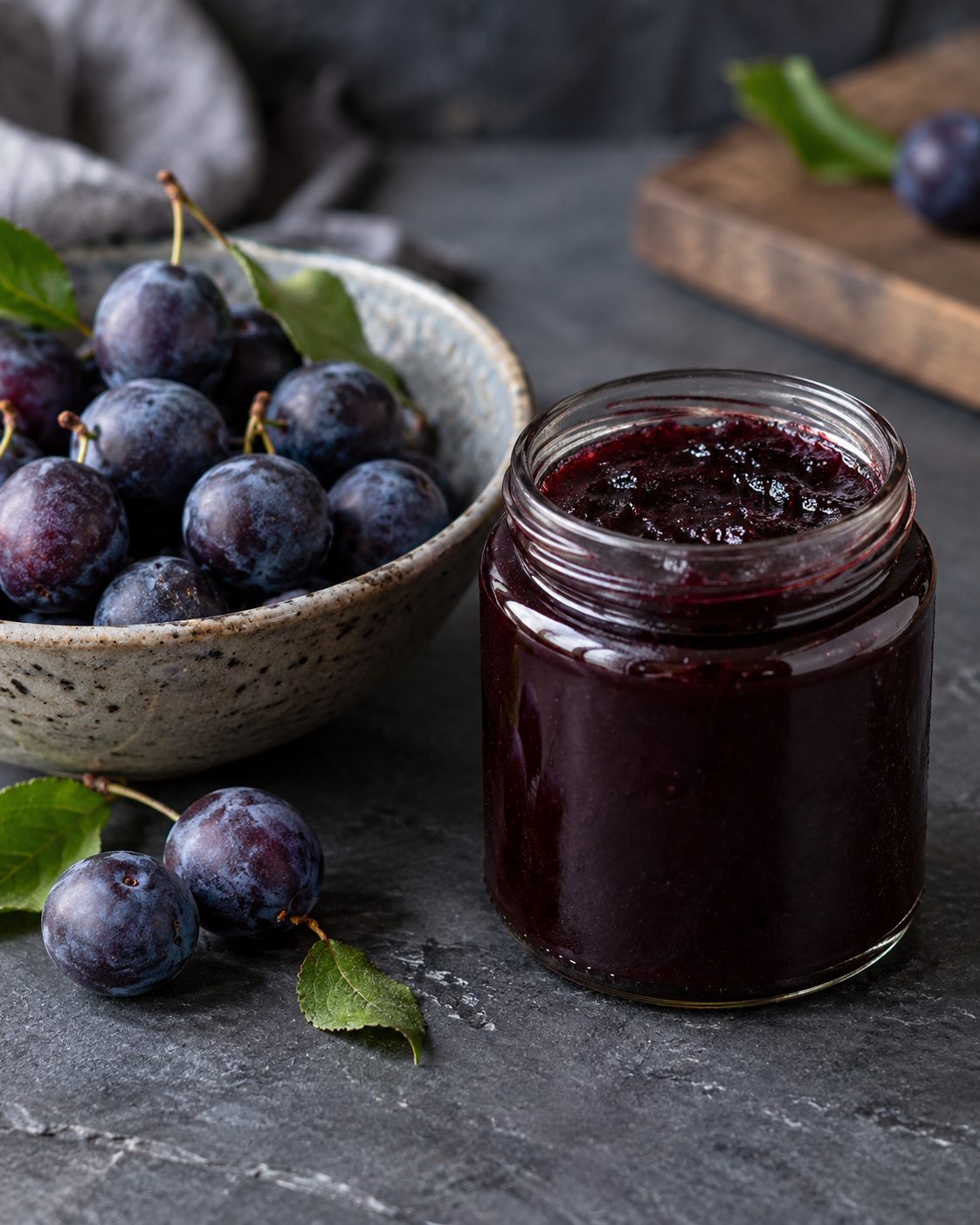 Jar of dark damson plum butter beside a bowl of small damsons