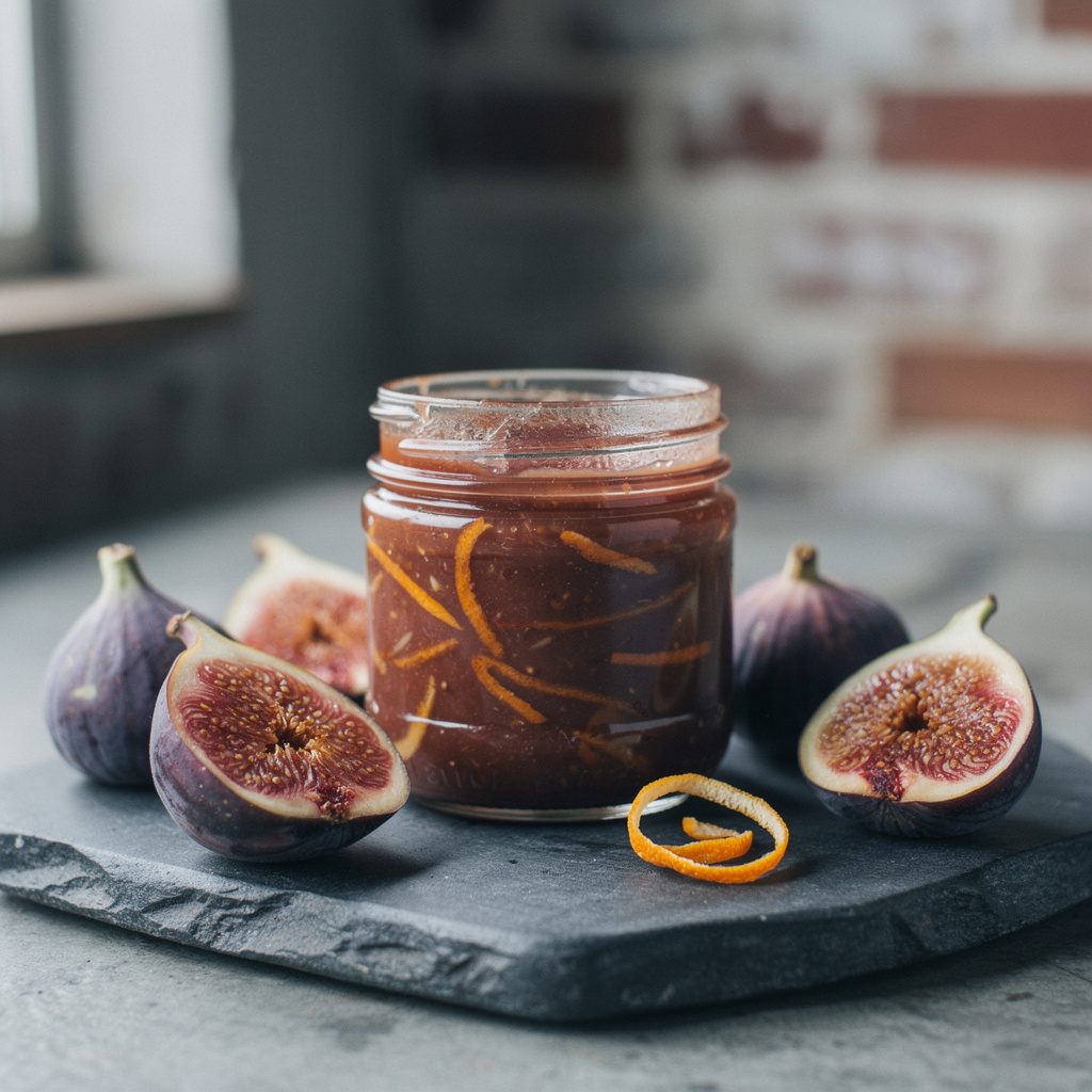 Jar of fig and orange jam with halved figs and orange zest
