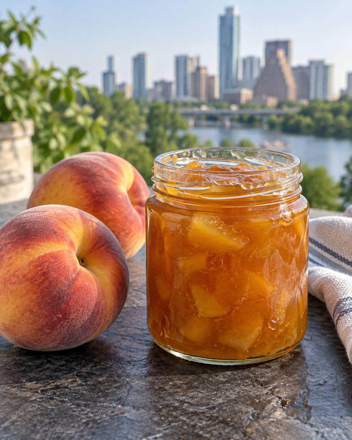 Jar of golden peach preserves with chunks of peach and two ripe peaches