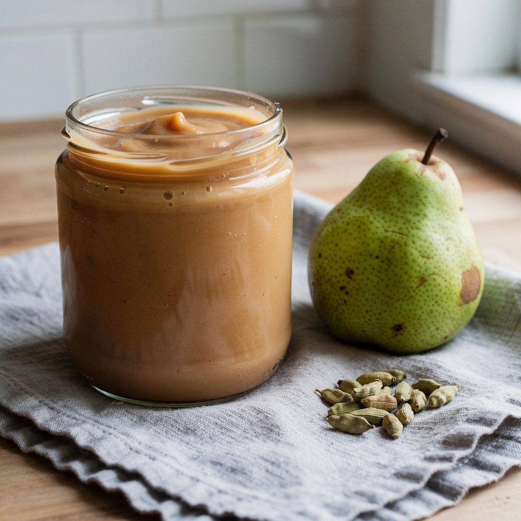 Jar of smooth pear butter with a pear and green cardamom pods