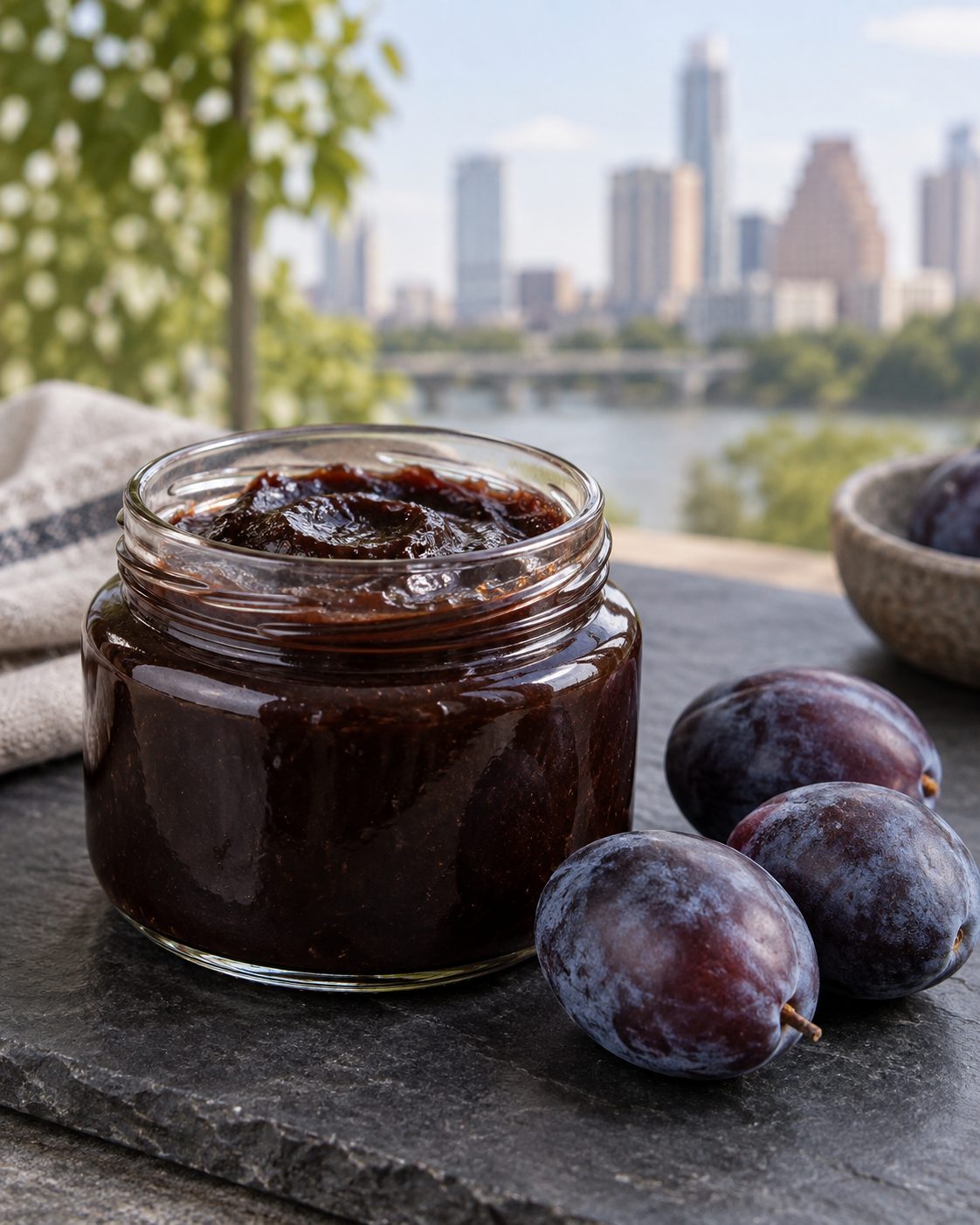 Open jar of dark plum lekvar with whole prune plums
