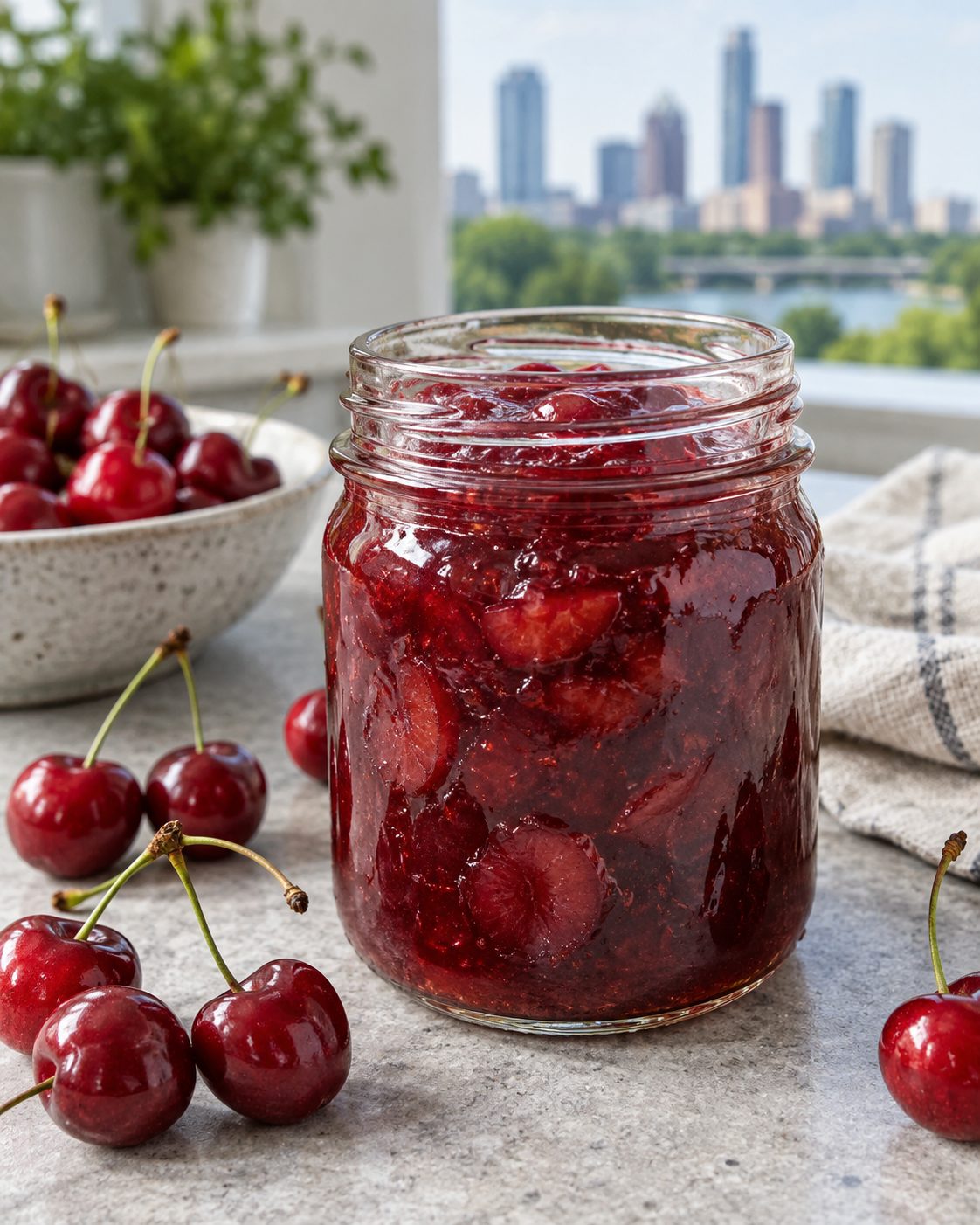 Jar of thick sour cherry jam with fresh tart cherries