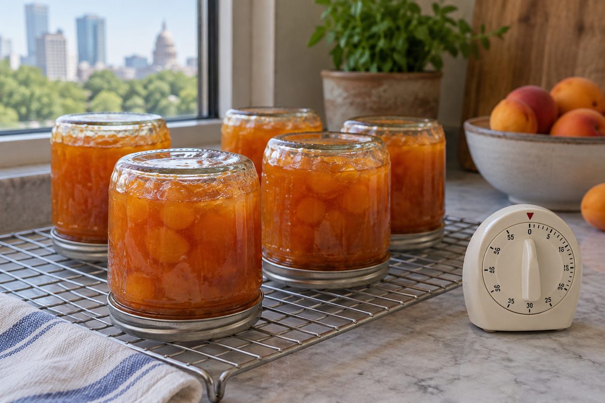 Sealed jars cooling on a steel rack next to a kitchen timer