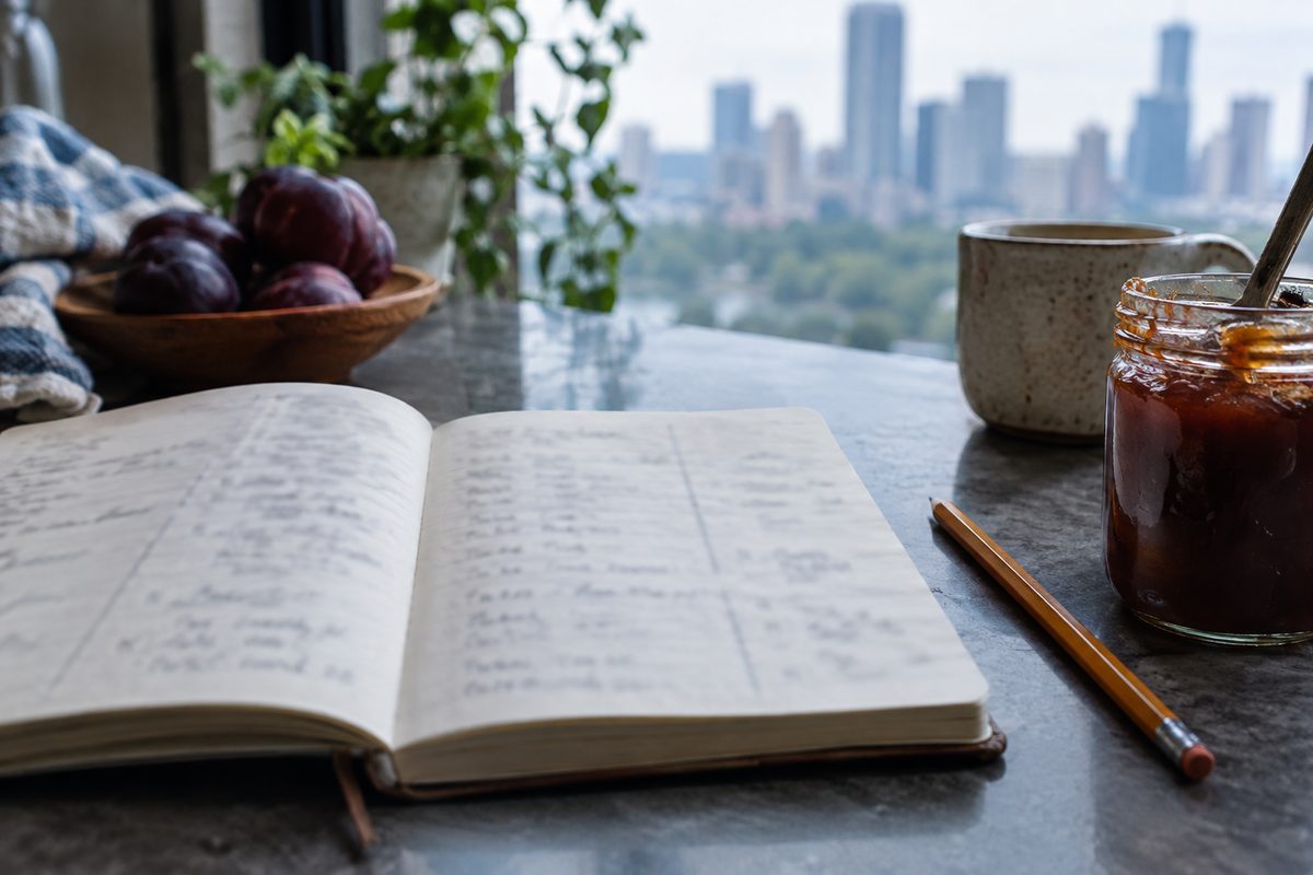 An open batch notebook and pencil beside a jar on the counter