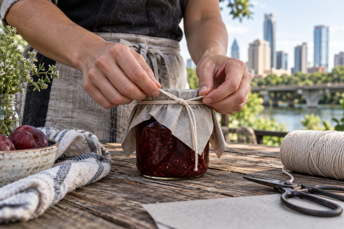 Hands wrapping a jar of preserves in grey paper and string