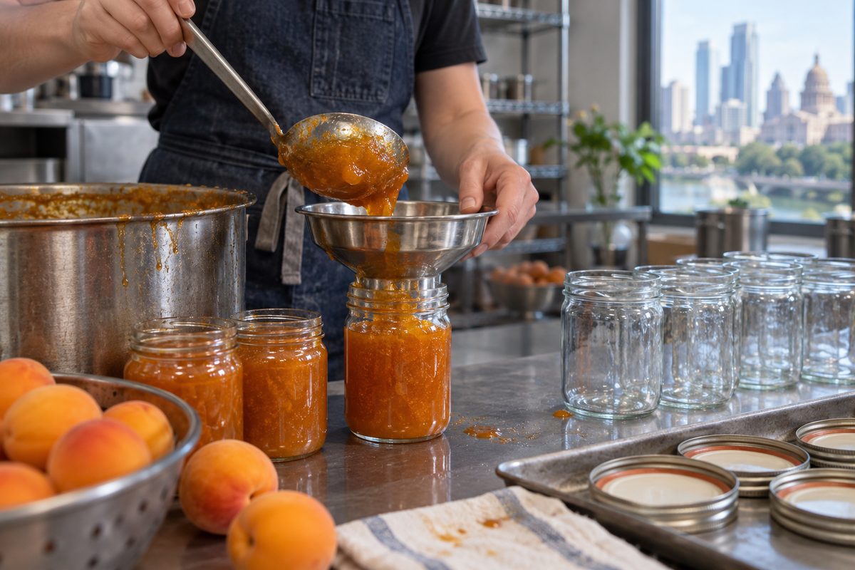 Hot apricot lekvar ladled through a funnel into glass jars