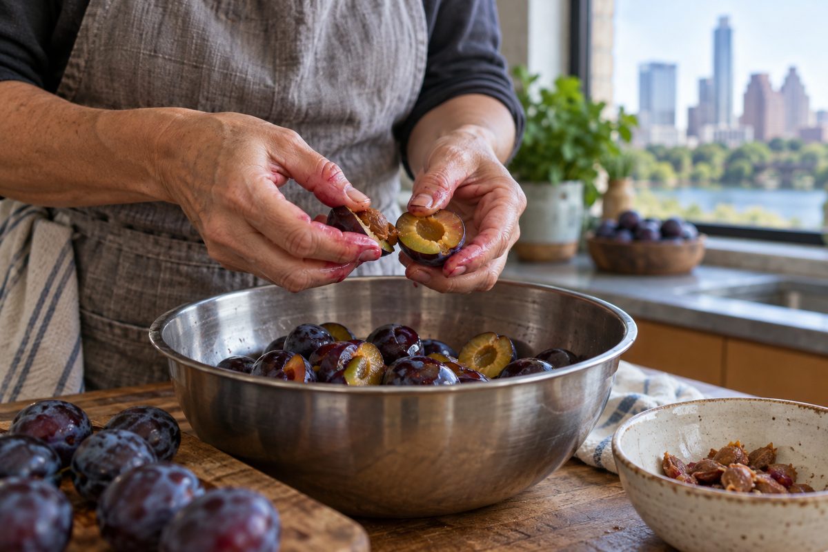 Hands halving and pitting prune plums into a steel bowl