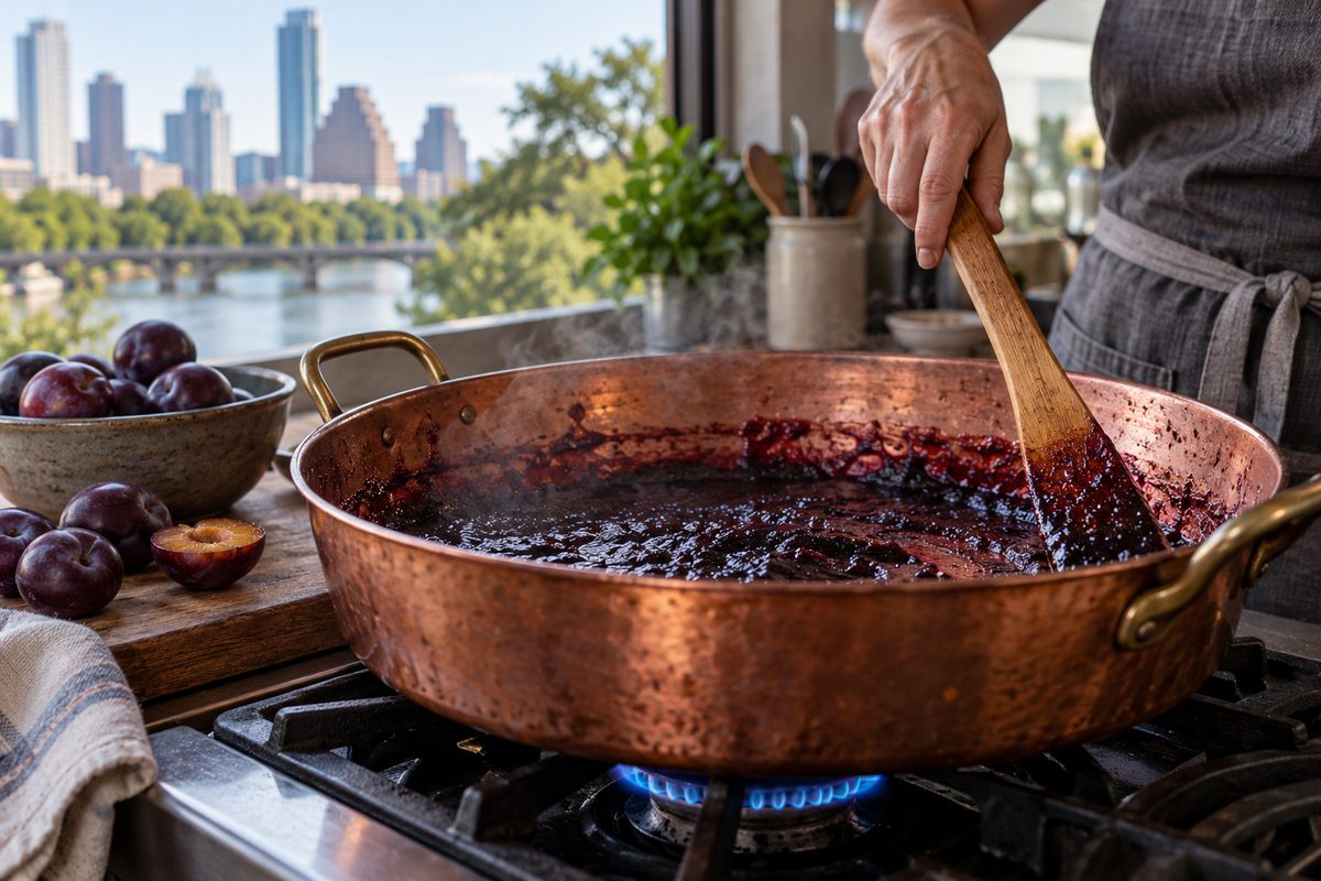 Plum butter reducing in a wide copper pan, scraped with a wooden spatula