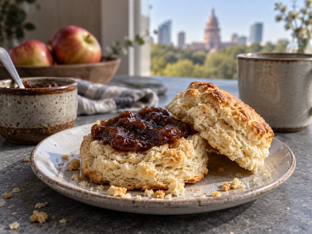 Split buttermilk biscuit spread with cider apple butter