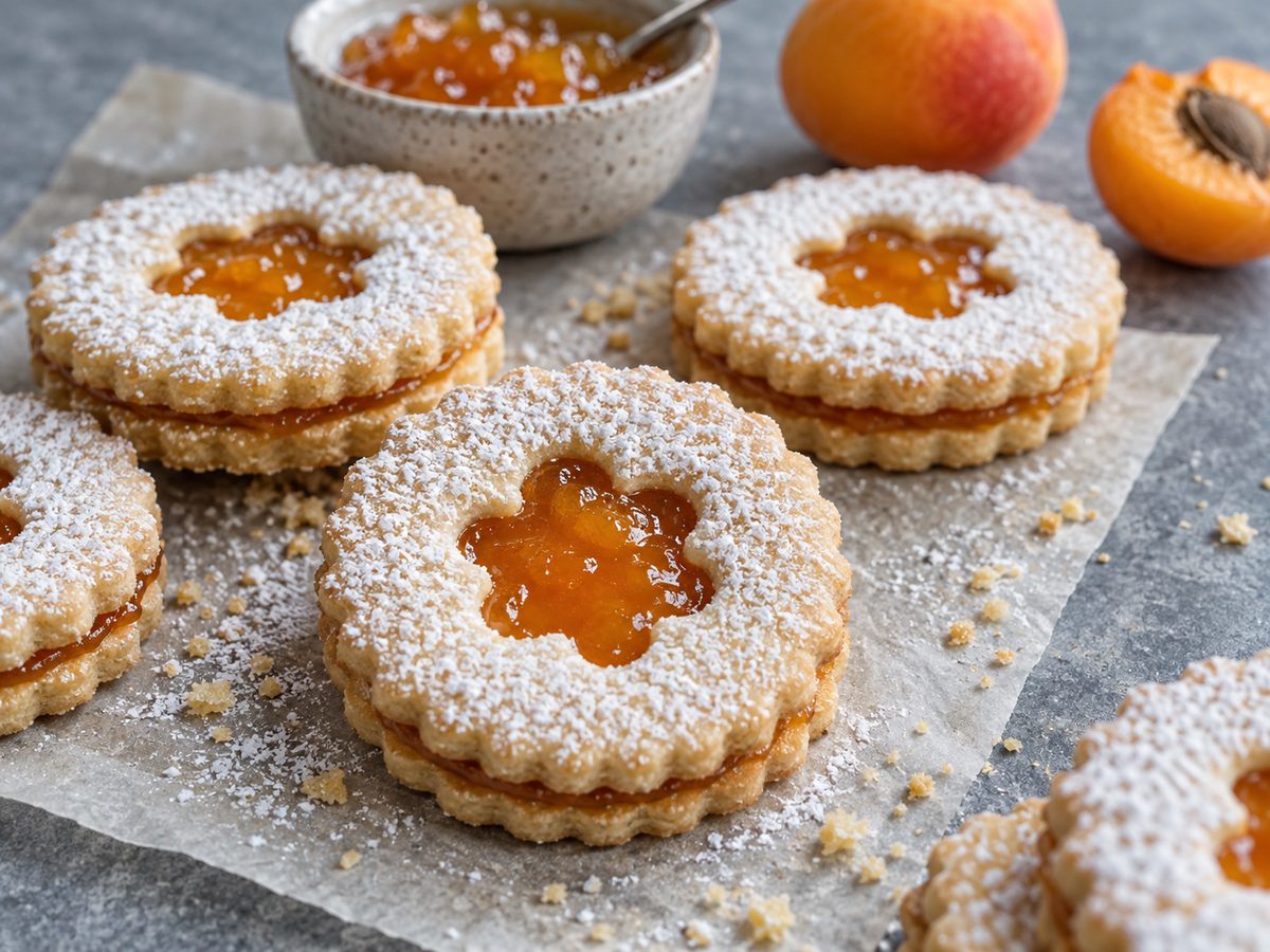 Linzer cookies with apricot lekvar showing through the windows