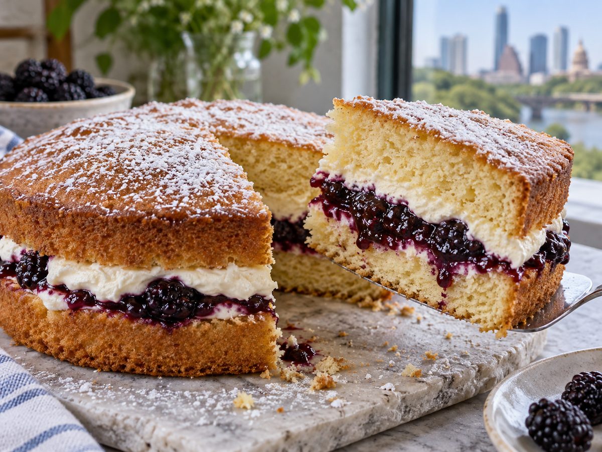 Sliced sponge cake layered with blackberry jam and cream