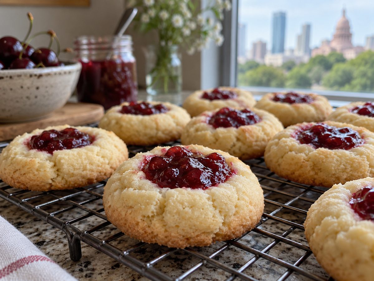 Thumbprint cookies filled with sour cherry jam on a cooling rack