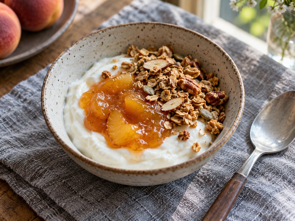 Bowl of yogurt topped with peach preserves and granola