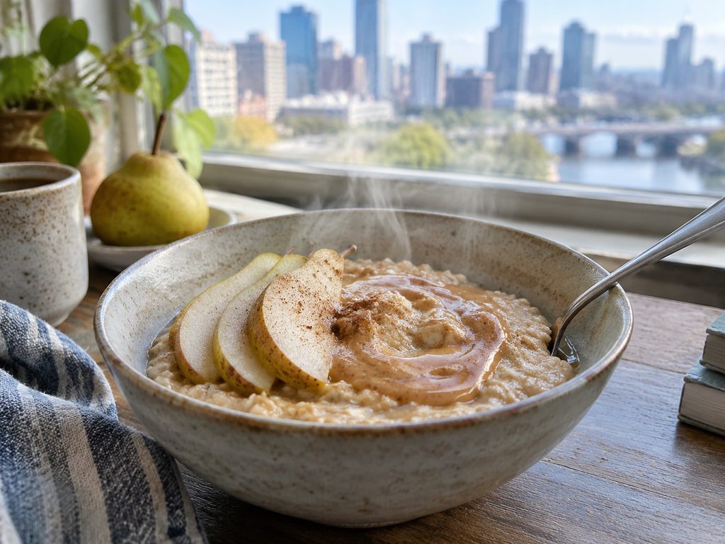 Bowl of oatmeal with a swirl of pear cardamom butter