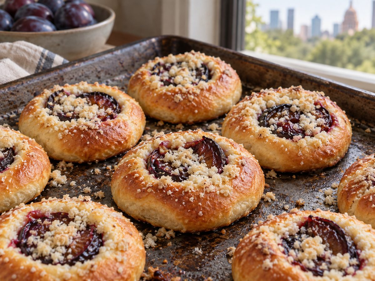 Fresh kolaches with plum lekvar centres on a baking sheet